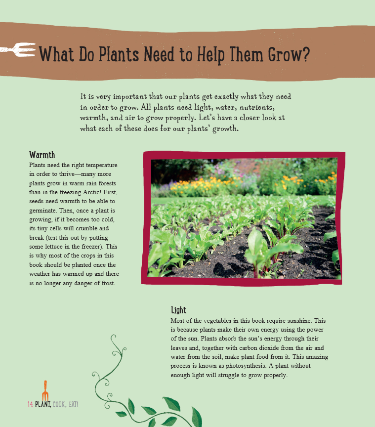 Page 14 of the book Plant, Cook, Eat: What do plants need to help them grow? The page contains text and a photograph of crop.